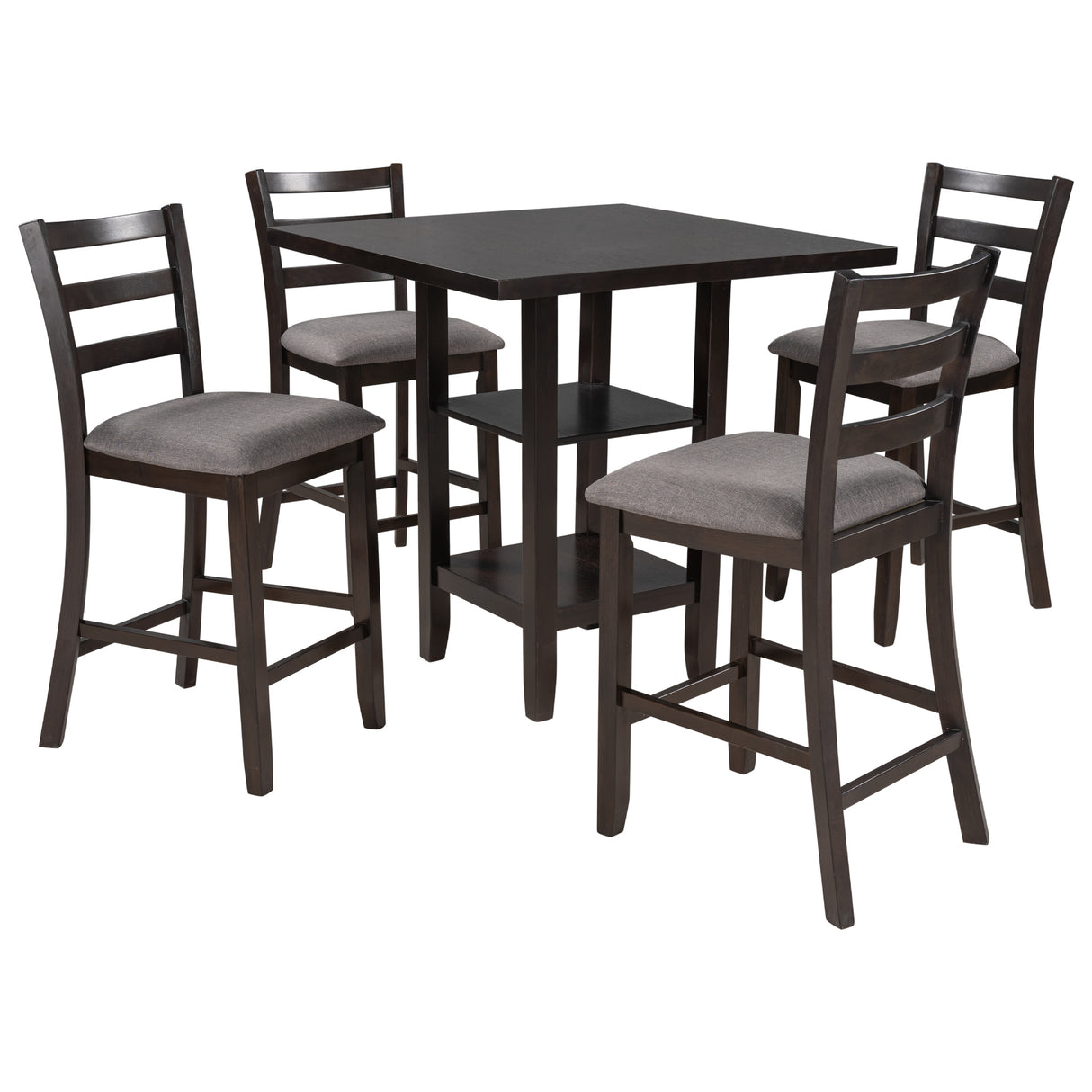 TREXM 5-Piece Wooden Counter Height Dining Set with Padded Chairs and Storage Shelving (Espresso) - Home Elegance USA