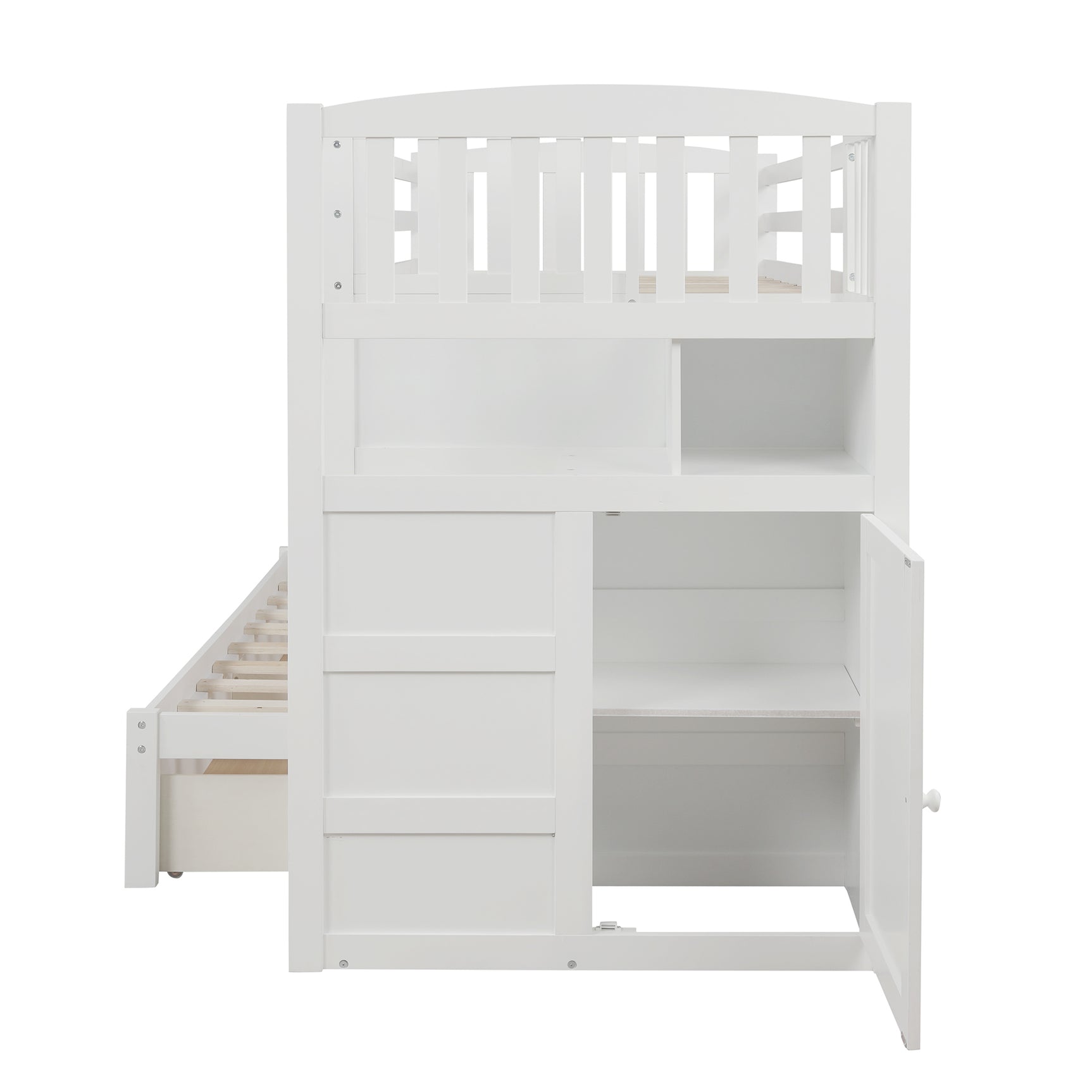 Twin over Full/Twin Bunk Bed, Convertible Bottom Bed, Storage Shelves and Drawers, White - Home Elegance USA