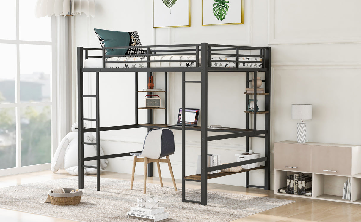 Full Size Loft Metal&MDF Bed with Long Desk and Shelves,Black(OLD SKU:SM000608AAB-1) - Home Elegance USA