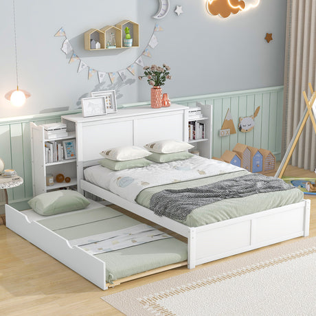 Full Size Storage Platform Bed with Pull Out Shelves and Twin Size Trundle, White - Home Elegance USA