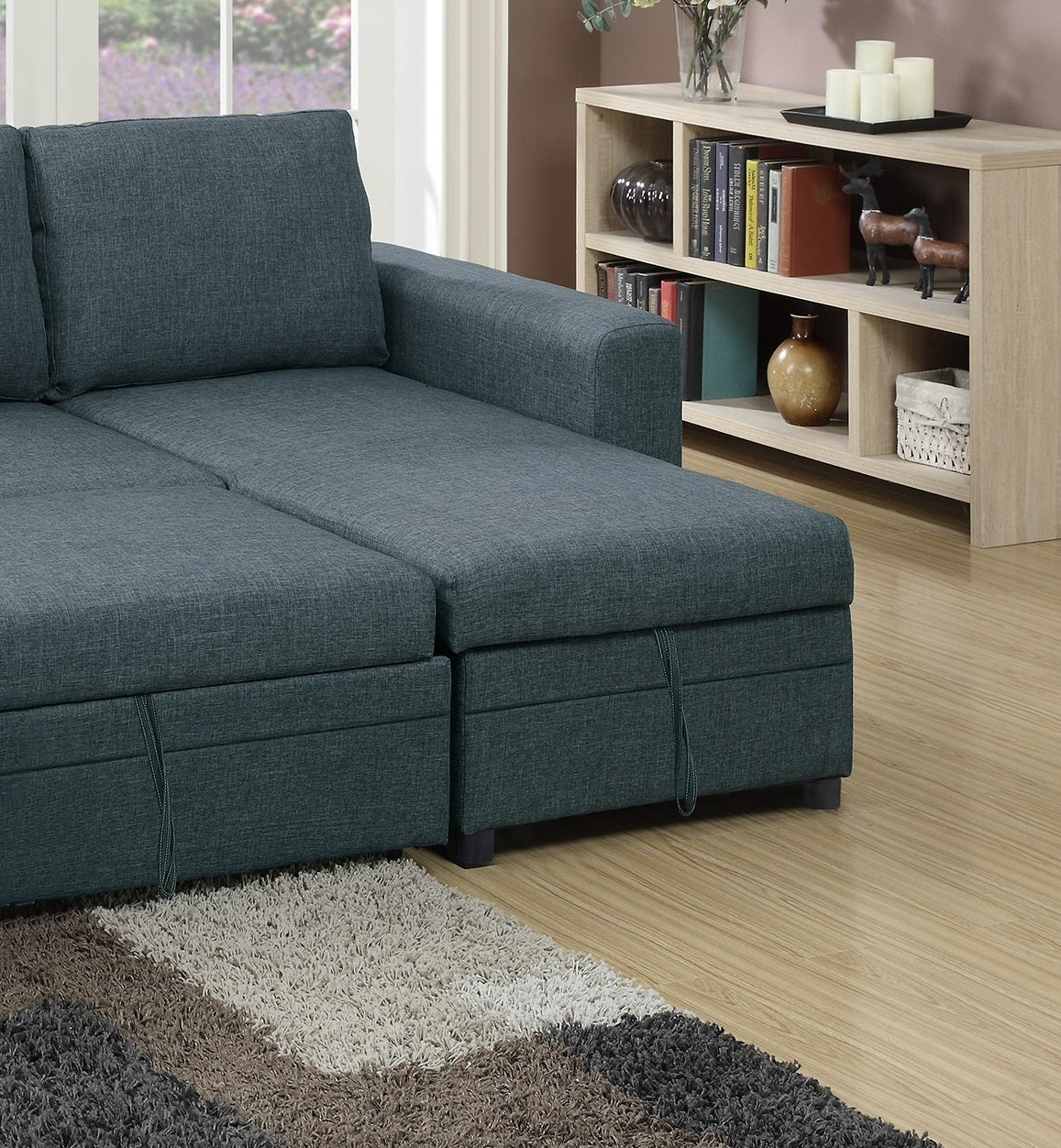 Living Room Furniture Convertible Sectional Blue Grey Color Polyfiber Reversible Chaise Storage Sofa Pull Out bed Couch - Home Elegance USA