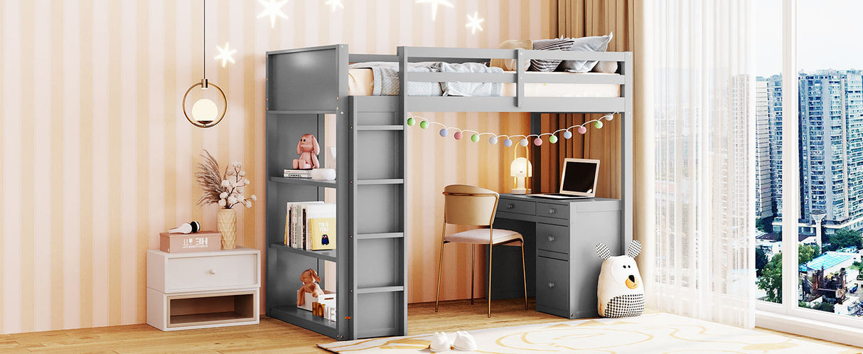 Twin Size Loft Bed with Ladder, Shelves, and Desk, Gray - Home Elegance USA