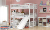 Full-Over-Full-Over-Full Triple Bed with Built-in Ladder and Slide , Triple Bunk Bed with Guardrails, White(OLD SKU :LP000052AAK) - Home Elegance USA