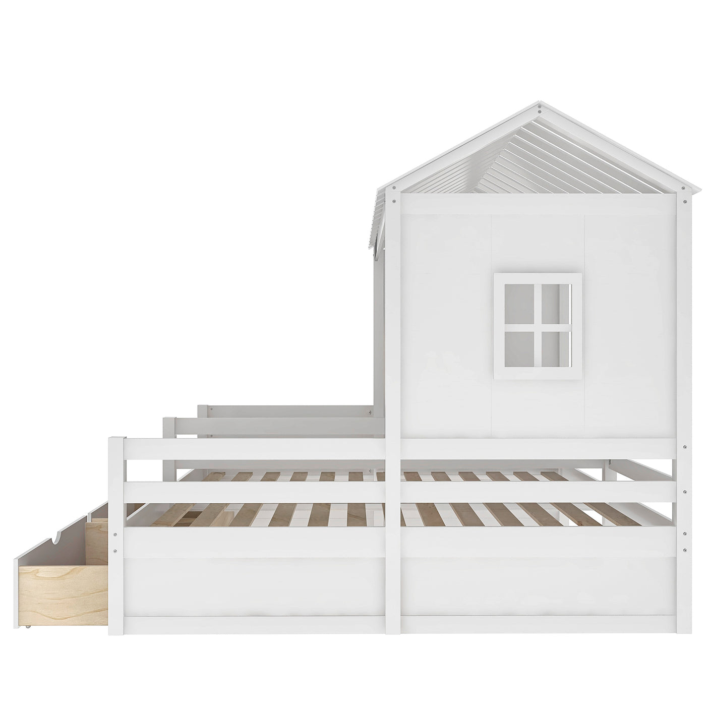 Twin Size House Platform Beds with Two Drawers for Boy and Girl Shared Beds, Combination of 2 Side by Side Twin Size Beds, White - Home Elegance USA