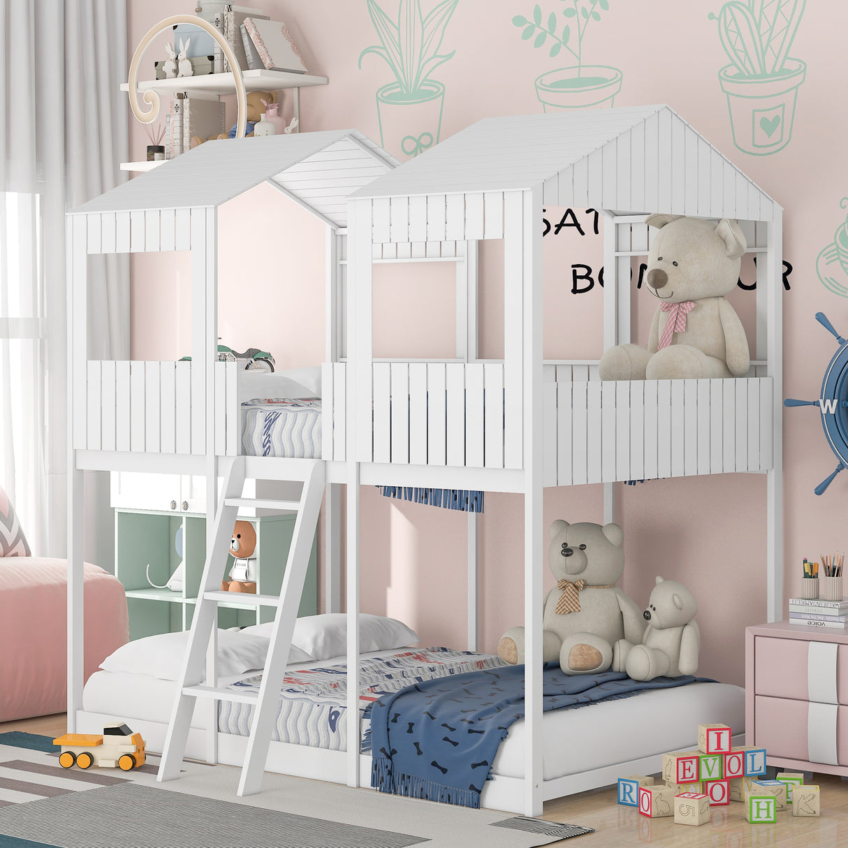 Full Over Full WoodBunk Bed with Roof, Window, Guardrail, Ladder(White)( old sku: LT000031AAK ) - Home Elegance USA