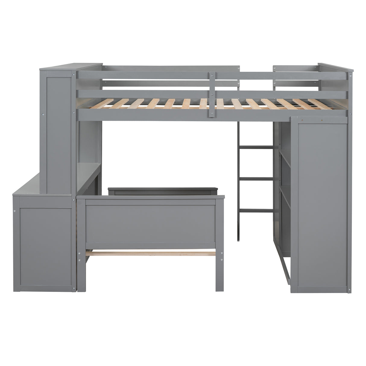 Full size Loft Bed with a twin size Stand-alone bed, Shelves,Desk,and Wardrobe-Gray - Home Elegance USA