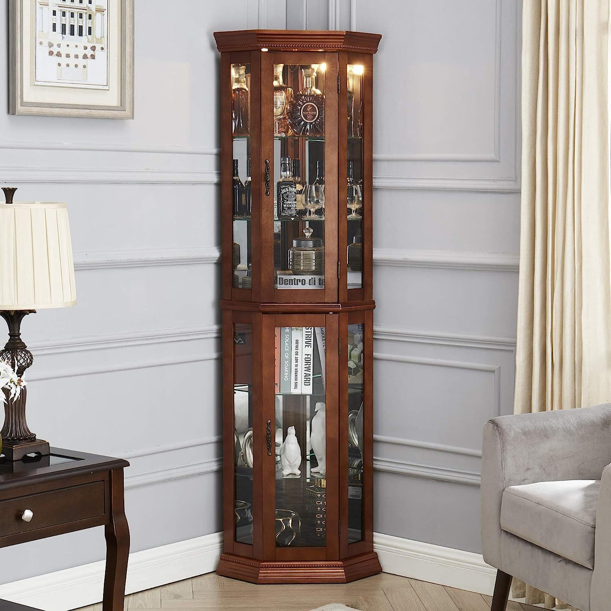 Corner Curio Cabinet with Lights, Adjustable Tempered Glass Shelves, Mirrored Back, Display Cabinet,Walnut (E26 light bulb not included) Home Elegance USA