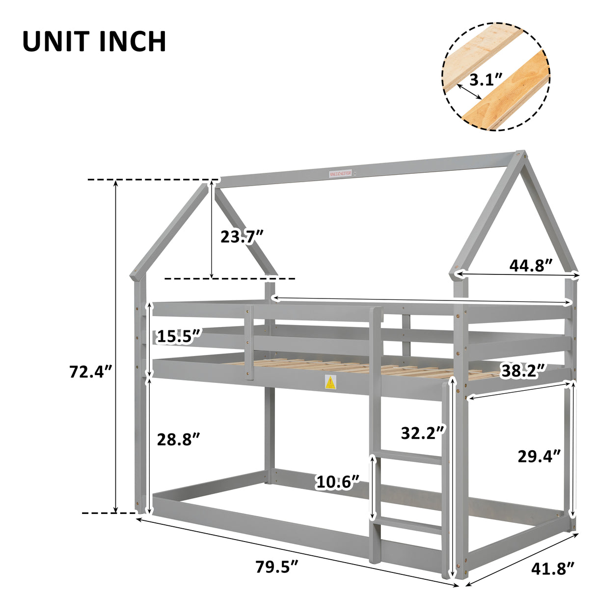 Twin over Twin Loft Bed with Roof Design, Safety Guardrail, Ladder, Grey - Home Elegance USA