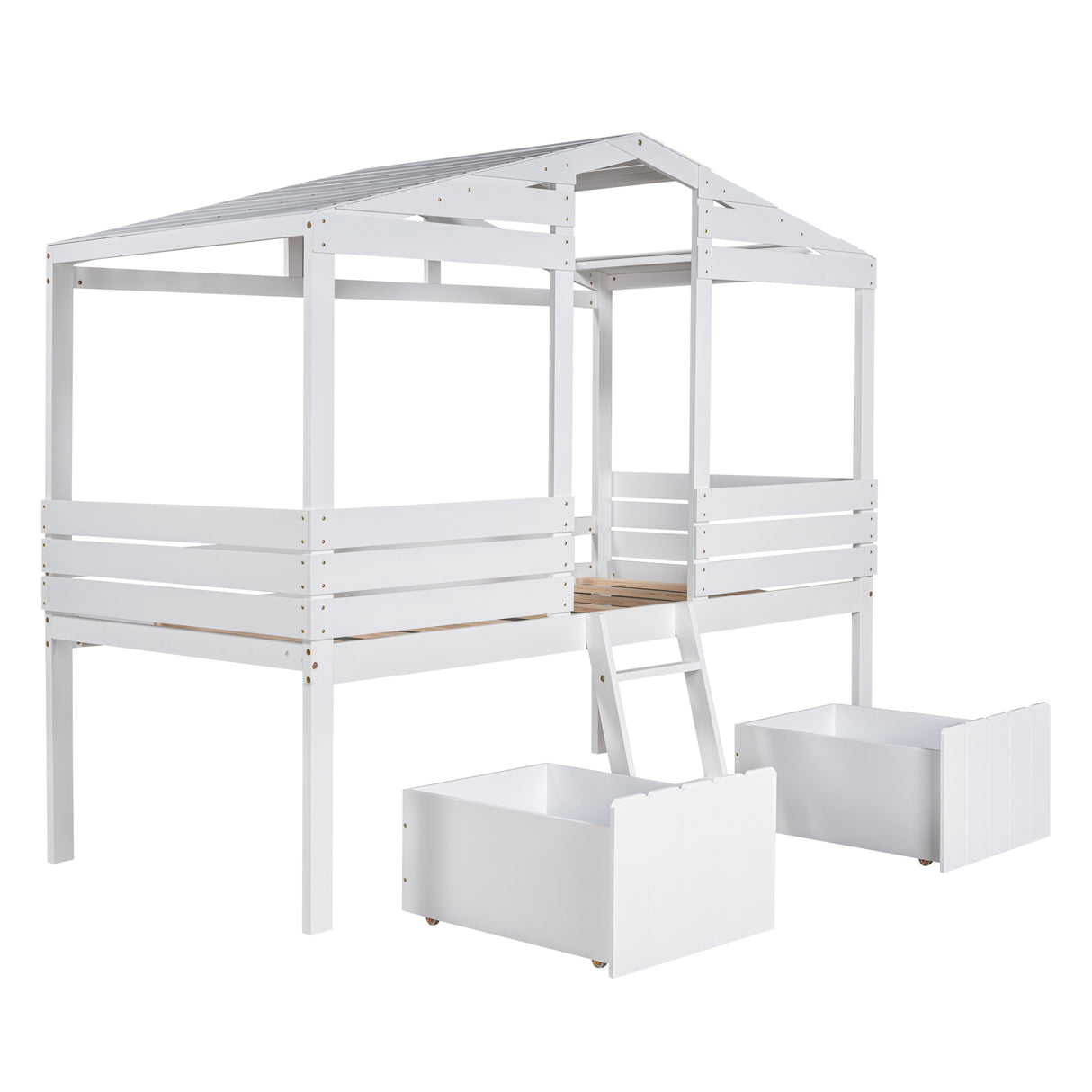 Twin Size Low Loft Wood House Bed with Two Drawers, White - Home Elegance USA