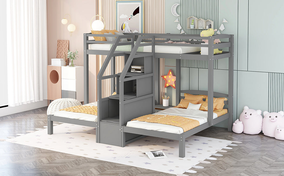 Twin over Twin & Twin Bunk Bed with Built-in Staircase and Storage Drawer,Gray - Home Elegance USA