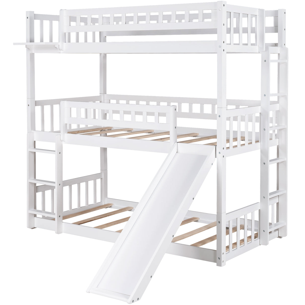 Twin-Over-Twin-Over-Twin Triple Bed with Built-in Ladder and Slide , Triple Bunk Bed with Guardrails, White - Home Elegance USA