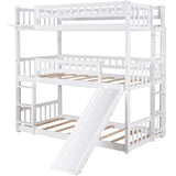 Twin-Over-Twin-Over-Twin Triple Bed with Built-in Ladder and Slide , Triple Bunk Bed with Guardrails, White - Home Elegance USA