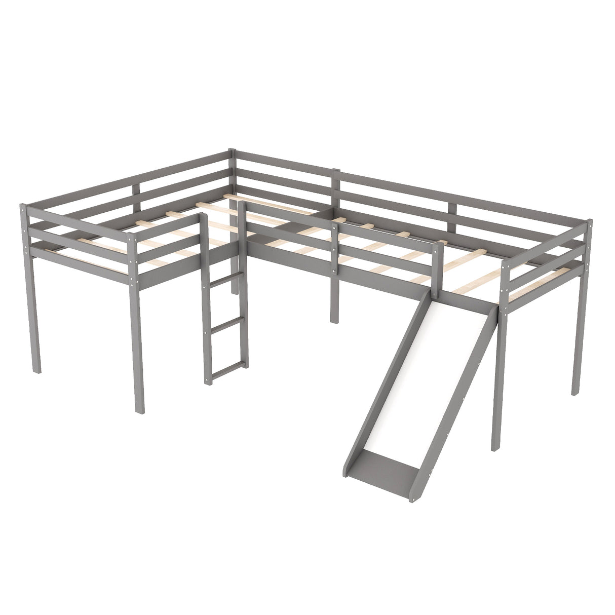 L-Shaped Twin Size Loft Bed with Ladder and Slide, Gray - Home Elegance USA