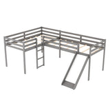 L-Shaped Twin Size Loft Bed with Ladder and Slide, Gray - Home Elegance USA