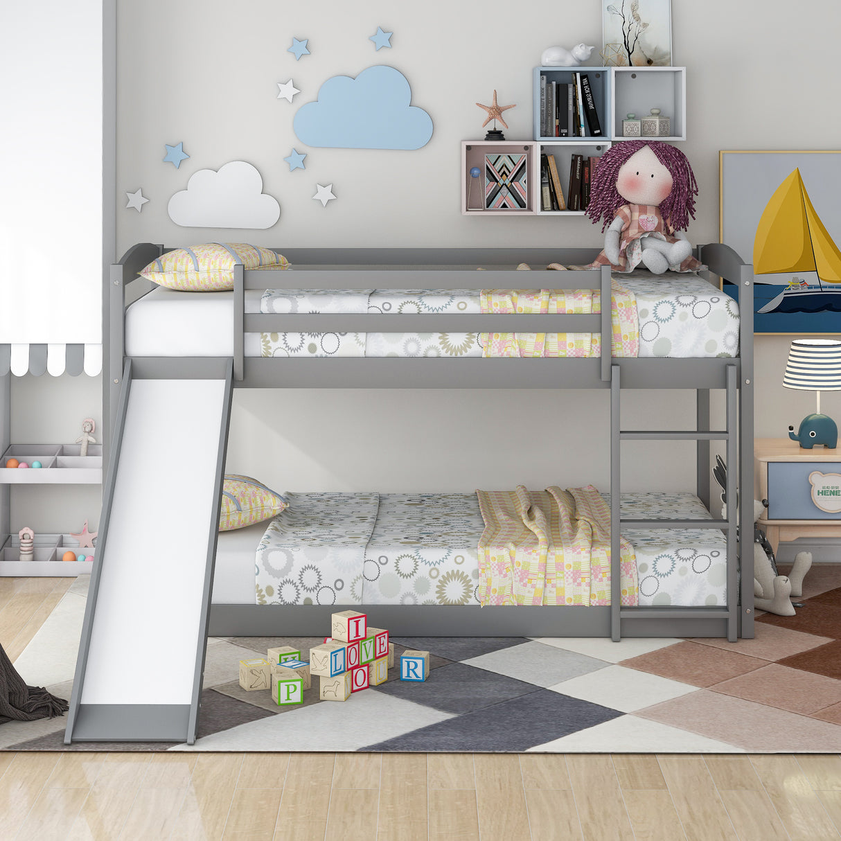 Twin over Twin Bunk Bed with Convertible Slide and Ladder , Gray(Old SKU:WF281725AAE) - Home Elegance USA