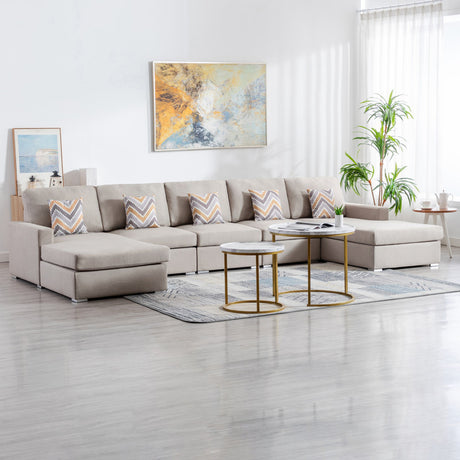 Nolan Beige Linen Fabric 5Pc Double Chaise Sectional Sofa with Pillows and Interchangeable Legs - Home Elegance USA