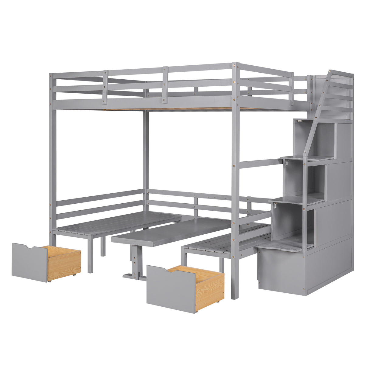 Full over Full Size Bunk Bed with staircase,the Down Bed can be Convertible to Seats and Table - Home Elegance USA