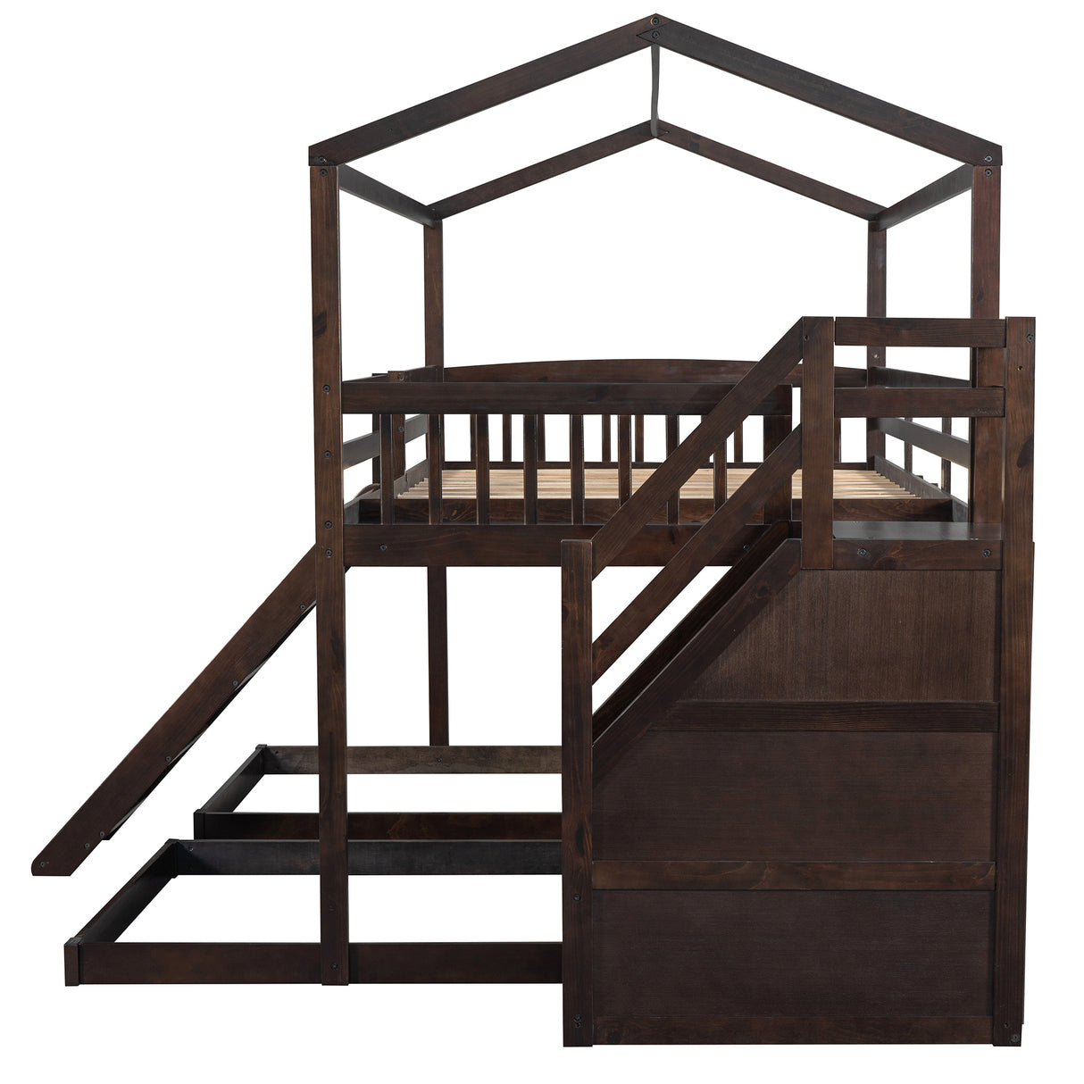 Full over Twin & Twin Bunk Bed,with Slide and Storage Staircase,Built-in Drawer and Shelf,Espresso - Home Elegance USA