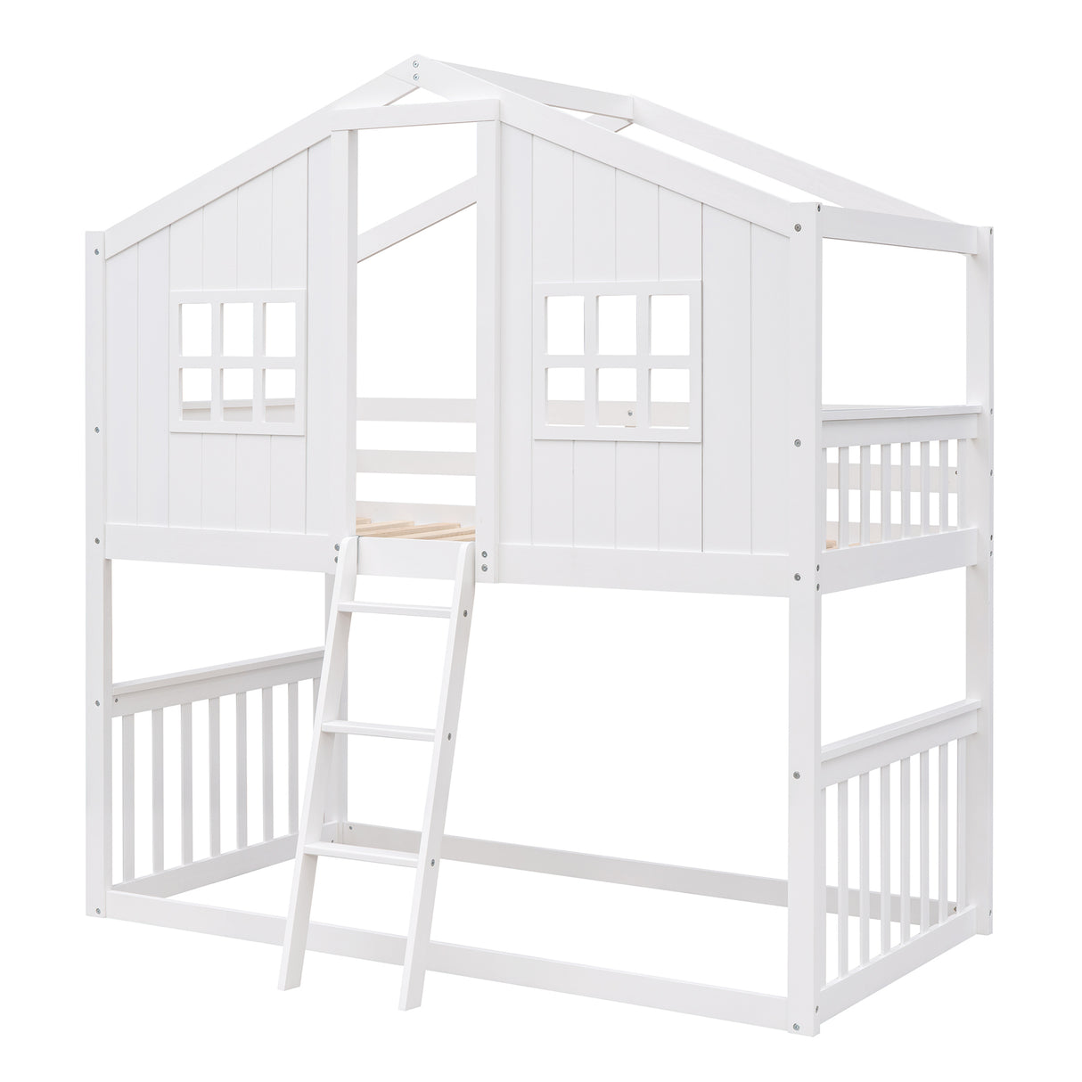 Twin Over Twin House Bunk Bed With Ladder, Wood Bed-White - Home Elegance USA