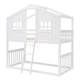 Twin Over Twin House Bunk Bed With Ladder, Wood Bed-White - Home Elegance USA