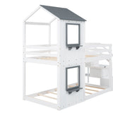 Twin Over Twin Bunk Bed with Storage Stairs,Wood Bed with Roof, Window, Guardrail, Ladder，White - Home Elegance USA
