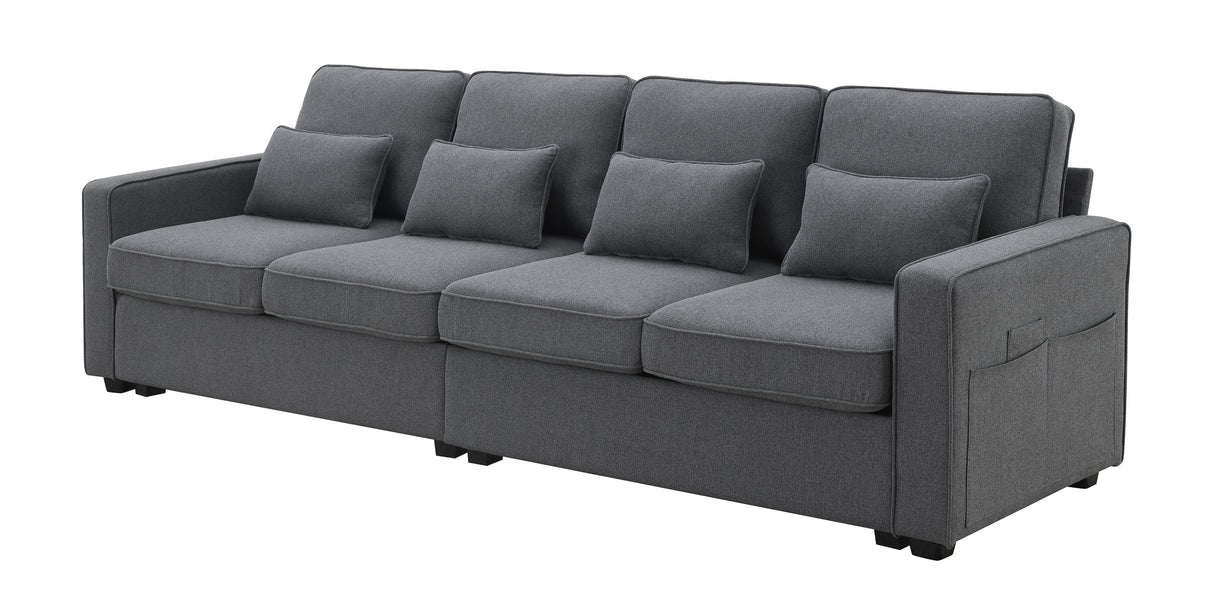 [VIDEO provided] [New] 104" 4-Seater Modern Linen Fabric Sofa with Armrest Pockets and 4 Pillows,Minimalist Style Couch for Living Room, Apartment, Office,3 Colors - Home Elegance USA