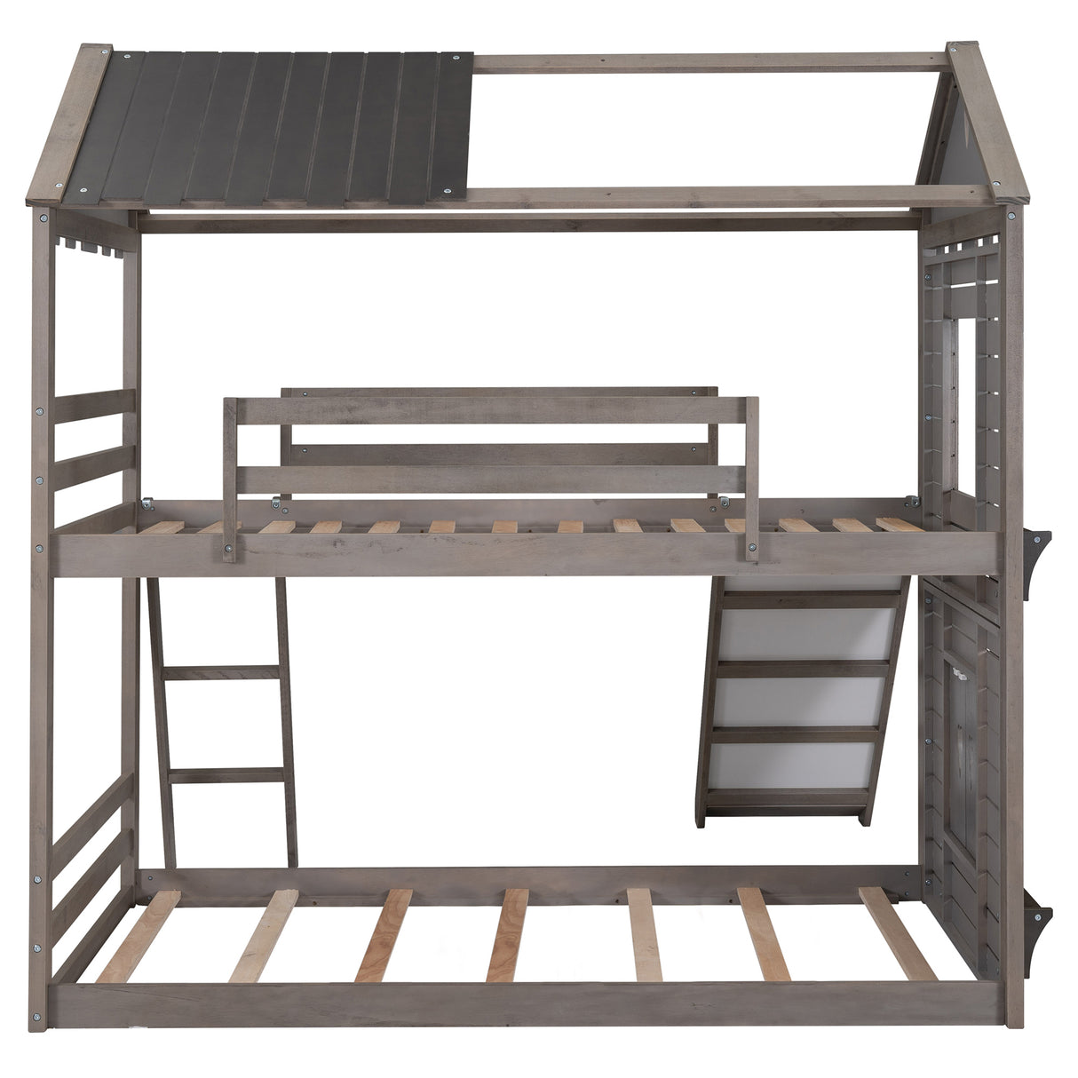 Twin Over Twin Bunk Bed Wood Bed with Roof, Window, Slide, Ladder ,Antique Gray(OLD SKU:LP000059AAE) - Home Elegance USA