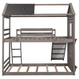 Twin Over Twin Bunk Bed Wood Bed with Roof, Window, Slide, Ladder ,Antique Gray(OLD SKU:LP000059AAE) - Home Elegance USA