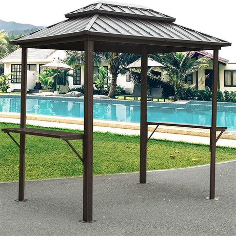 8' × 6' Grill Gazebo | Aluminum BBQ Metal Frame with Shelves & Serving Tables | Permanent Double Roof Hardtop for Patio, Lawn & Backyard – Grey