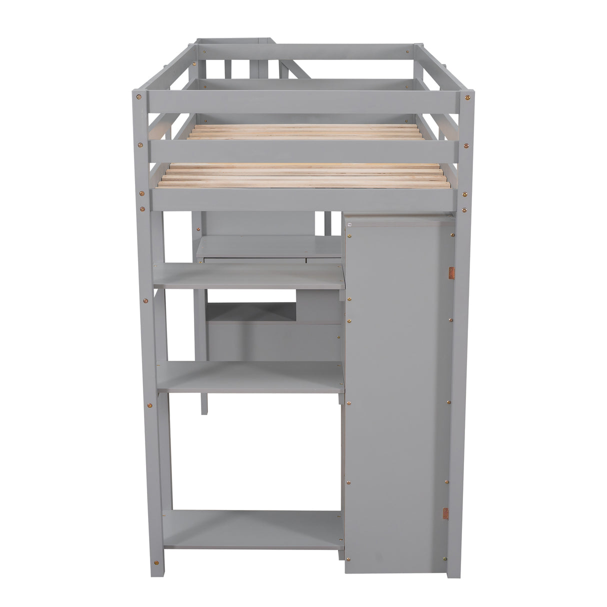 Twin size Loft Bed with Storage Drawers ,Desk and Stairs, Wooden Loft Bed with Shelves - Gray - Home Elegance USA