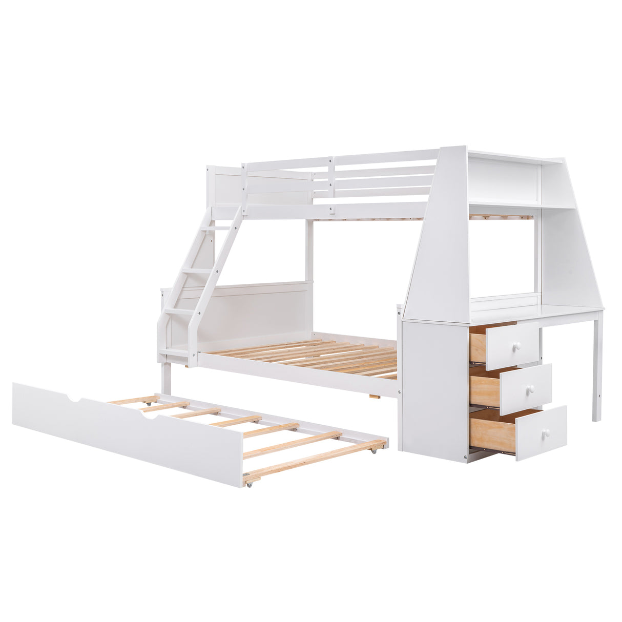 Twin over Full Bunk Bed with Trundle and Built-in Desk, Three Storage Drawers and Shelf,White - Home Elegance USA