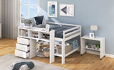 Full Size Low Loft Bed with Rolling Portable Desk, Drawers and Shelves,  White - Home Elegance USA