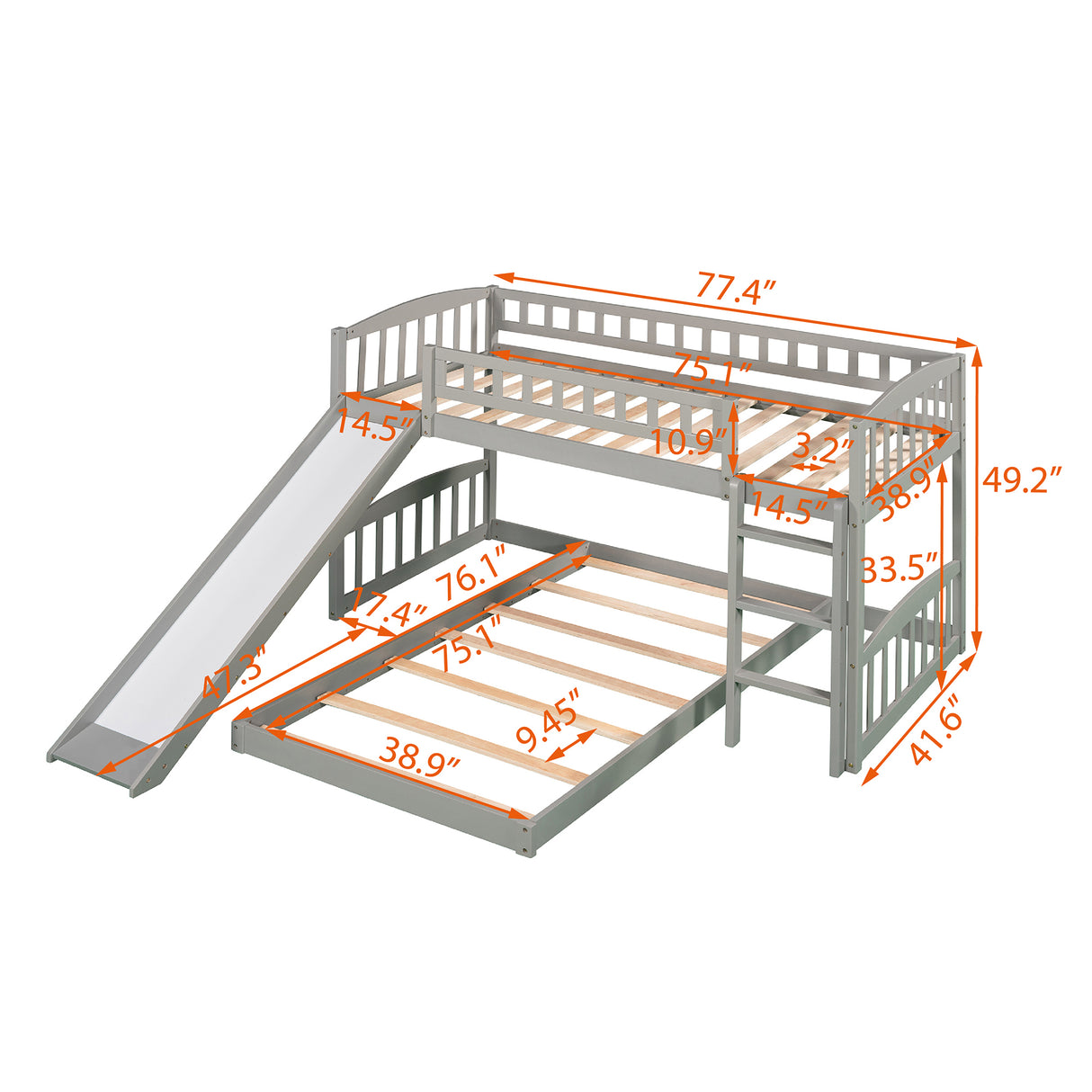 Twin Over Twin Bunk Bed with Slide and Ladder, Gray(OLD SKU :LP000514AAE) - Home Elegance USA