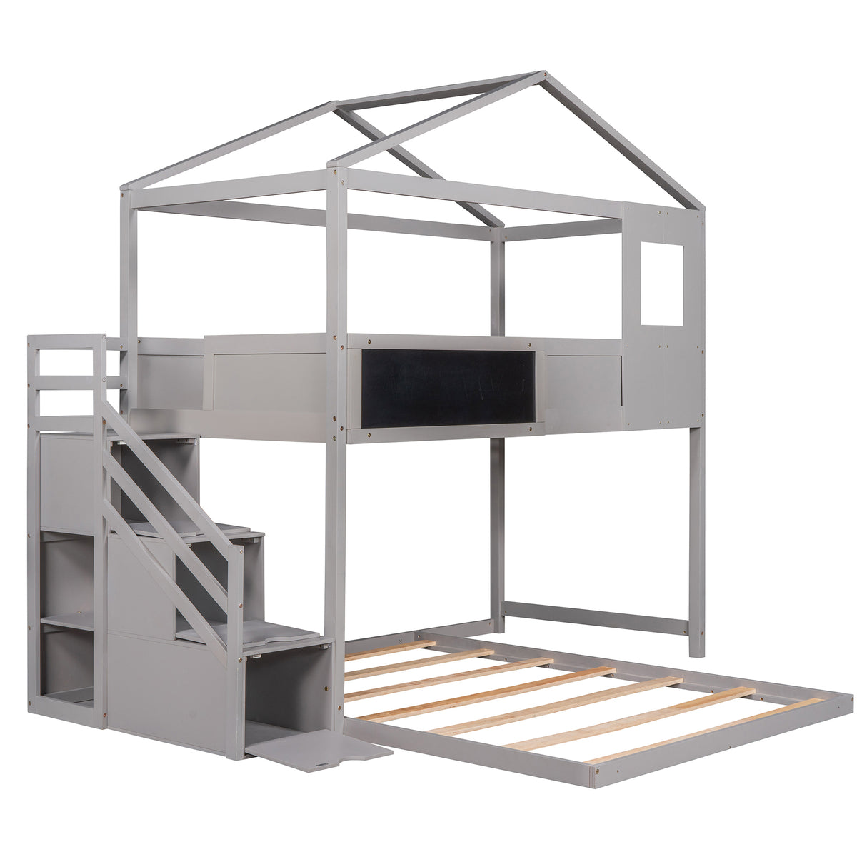 Twin over Full House Bunk Bed with Storage Staircase and Blackboard,Grey - Home Elegance USA