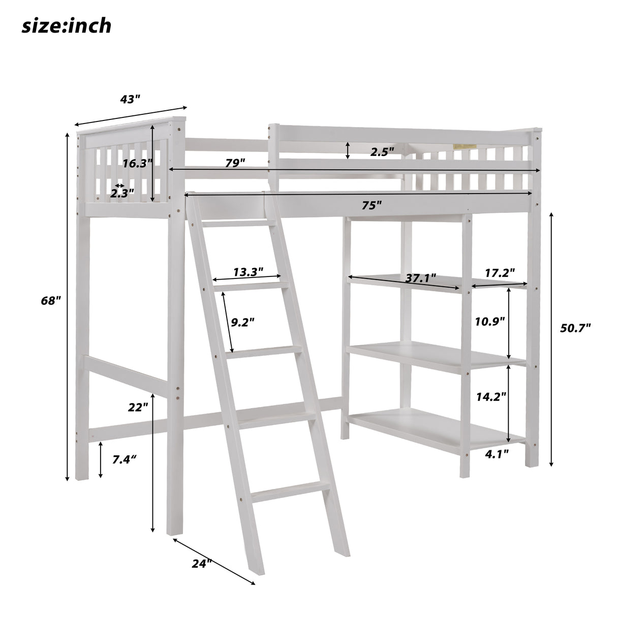 Loft Bed with Storage Shelves, Pine Wooden Loft Bed , No Box Spring Needed,Twin,White - Home Elegance USA