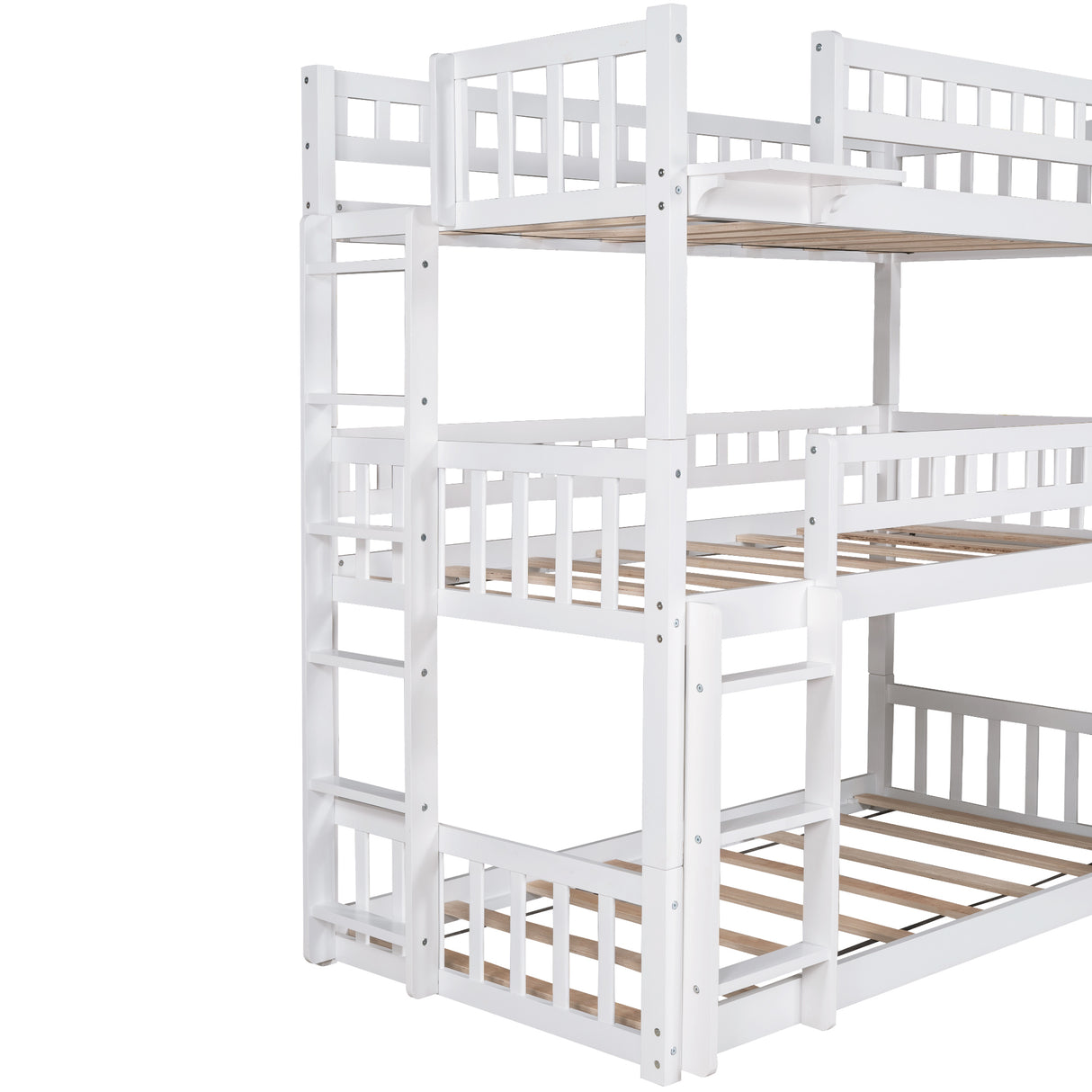 Twin-Over-Twin-Over-Twin Triple Bed with Built-in Ladder and Slide , Triple Bunk Bed with Guardrails, White - Home Elegance USA