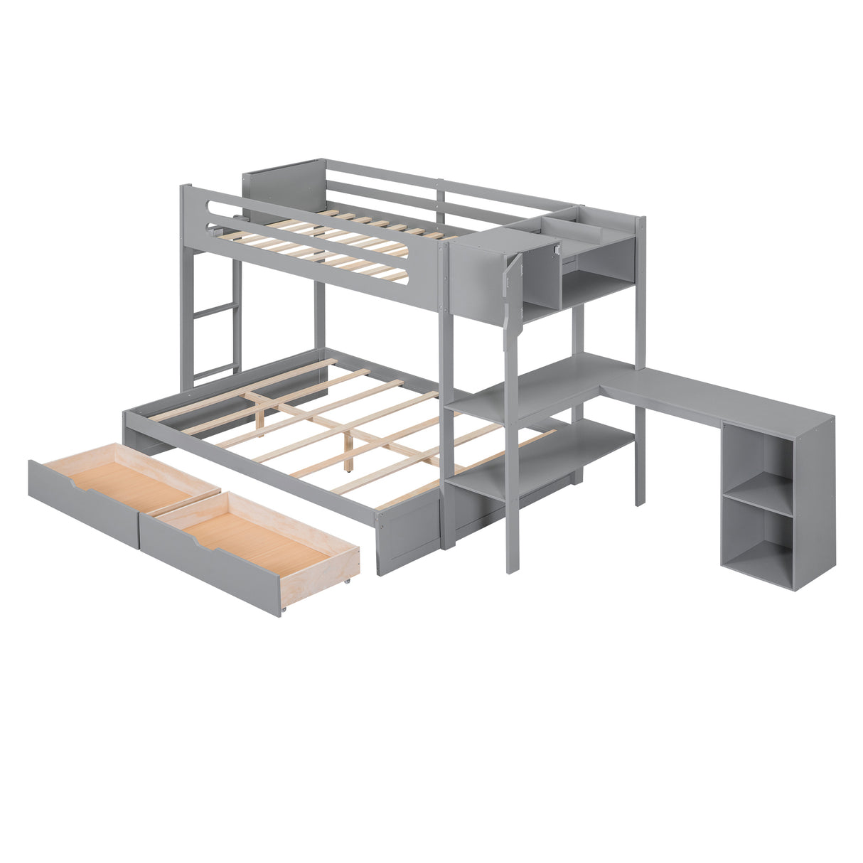 Wood Twin over Full Bunk Bed with Drawers, Shelves, Cabinets, L-shaped Desk and Magazine Holder, Gray - Home Elegance USA