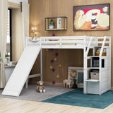 Twin Size Loft Bed with Storage and Slide, White - Home Elegance USA