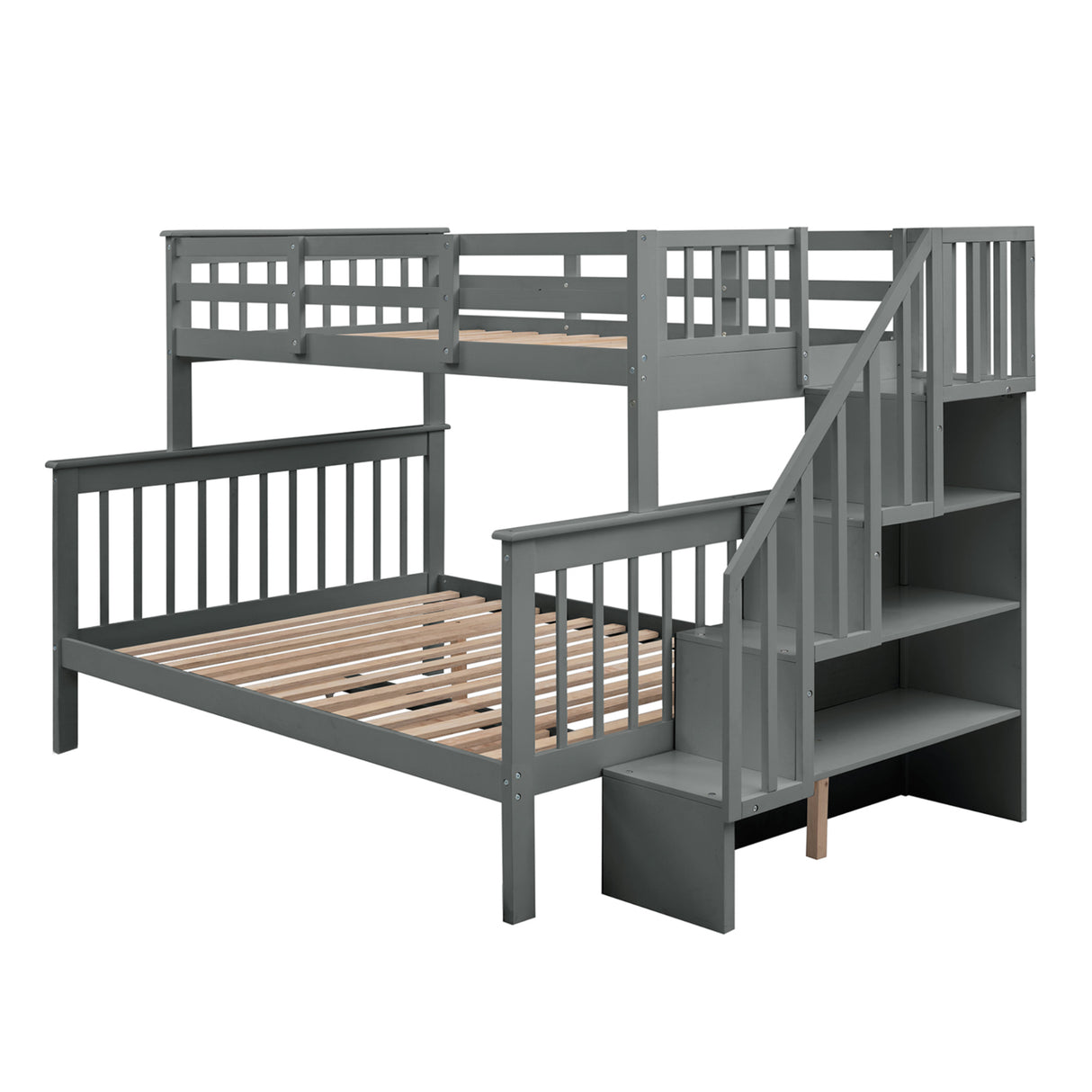 Stairway Twin-Over-Full Bunk Bed with Storage and Guard Rail for Bedroom, Gray color(OLD SKU :LP000019AAE) - Home Elegance USA