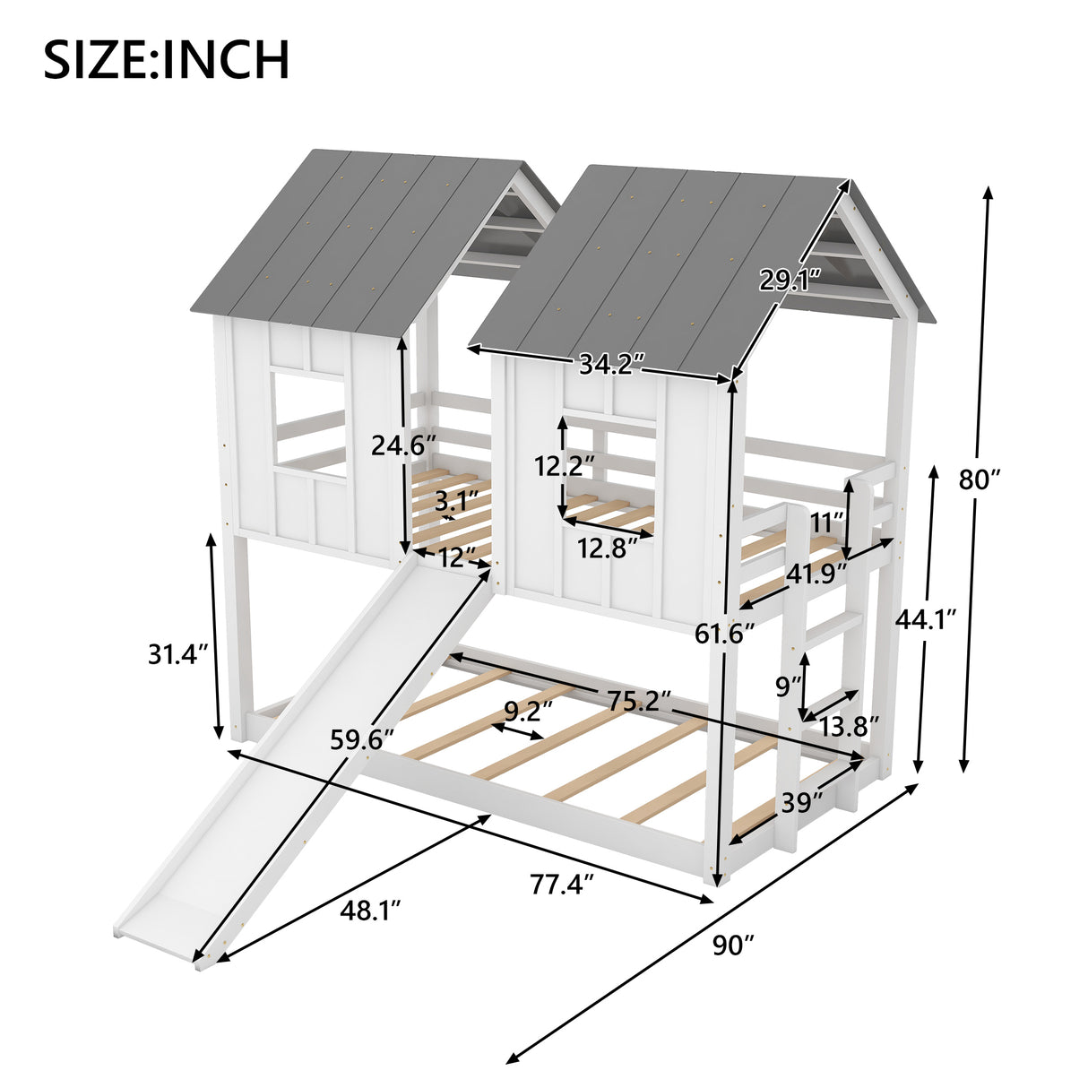 Twin over Twin House Bunk Bed with Slide and Windows,White - Home Elegance USA