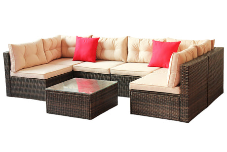 Patio Furniture Set PE Rattan Sectional Garden Furniture Corner Sofa Set (7 Pieces, Shallow brownCushion)