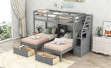 Twin over Twin&Twin Bunk Bed, Triple Bunk Bed with Drawers, Staircase with Storage, Built-in Shelves, Gray Home Elegance USA