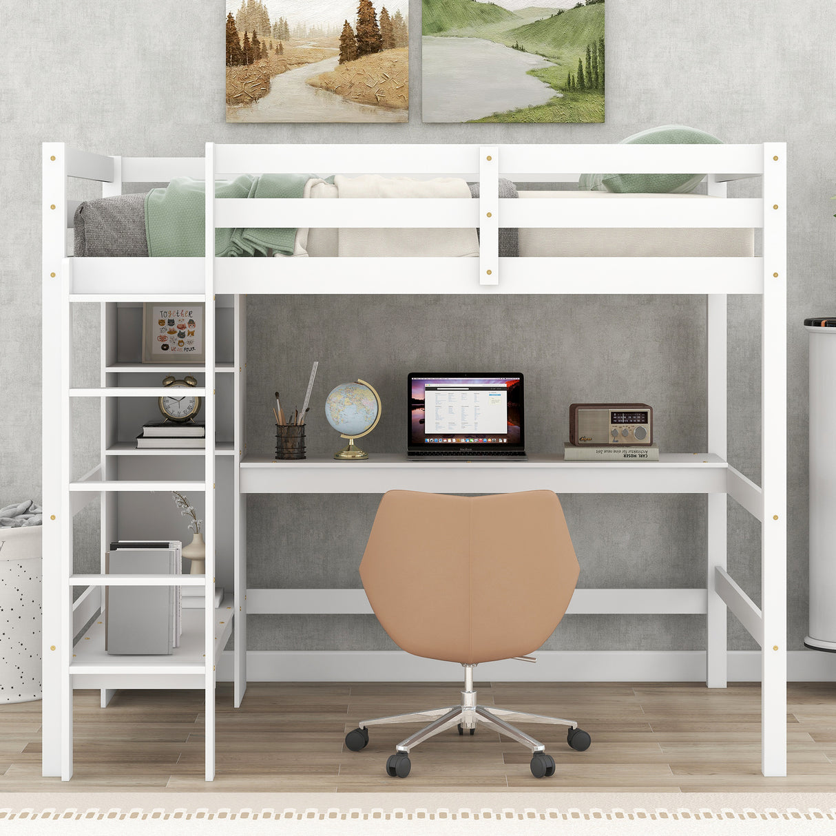 Full Size Loft Bed with Multifunction Shelves and Under-bed Desk, White - Home Elegance USA