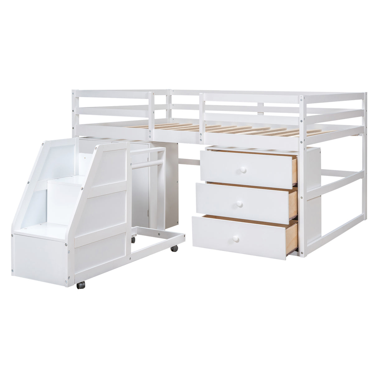 Full Size Functional Loft Bed with Cabinets and Drawers, Hanging Clothes at the back of the Staircase, White - Home Elegance USA