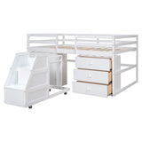 Full Size Functional Loft Bed with Cabinets and Drawers, Hanging Clothes at the back of the Staircase, White - Home Elegance USA