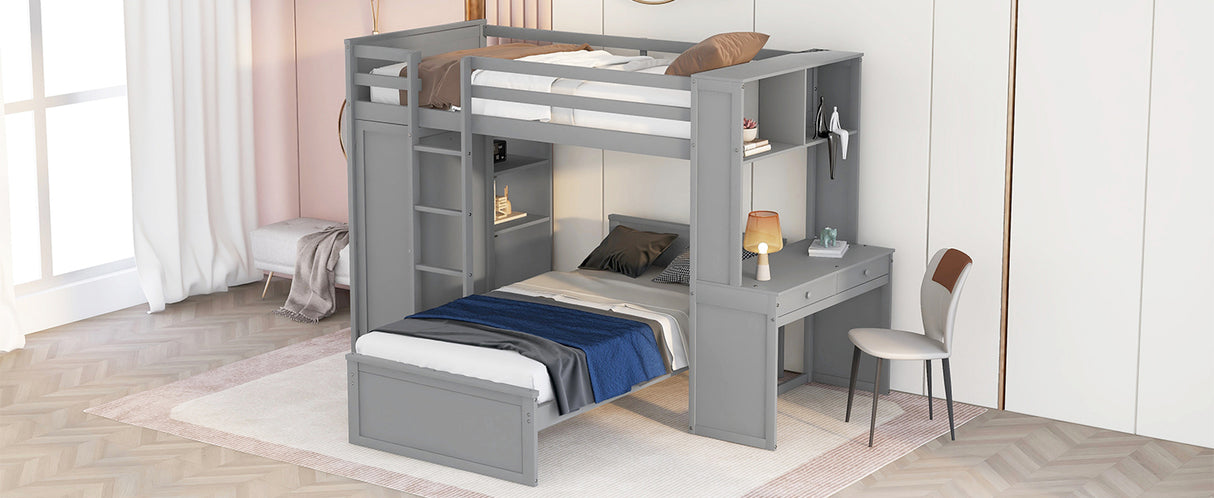 Twin size Loft Bed with a Stand-alone bed, Shelves,Desk,and Wardrobe-Gray - Home Elegance USA