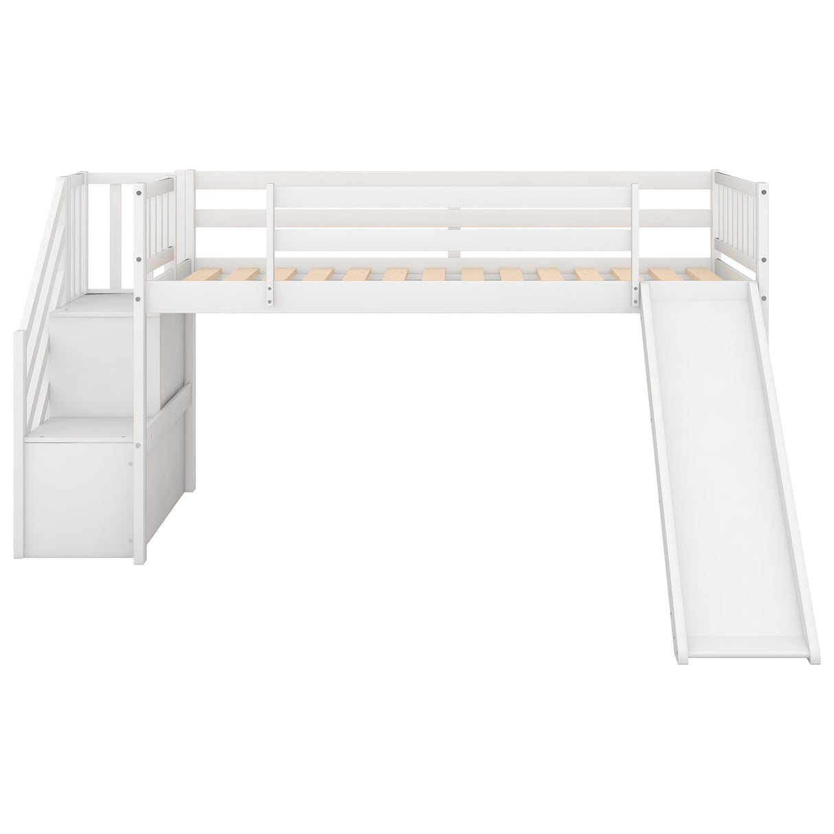 Twin Size Low Loft Bed with Adjustable Slide and Staircase, White - Home Elegance USA