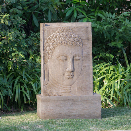 39"Tall Buddha Design Fountain with Light Sandstone Finish Tranquil Water Feature for Lawn or Patio