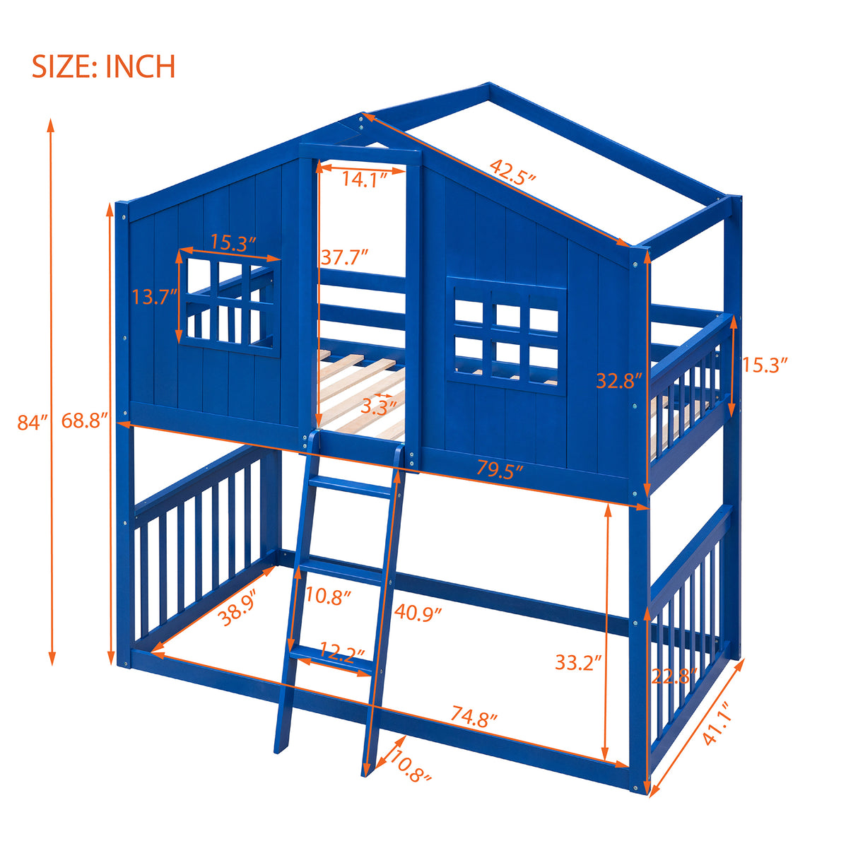 Twin Over Twin House Bunk Bed With Ladder, Wood Bed-Blue - Home Elegance USA