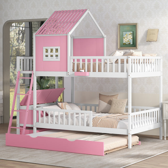 Full over Full Bunk Bed with Twin Size Trundle , Farmhouse Bed with Storage Box and Drawer - Pink - Home Elegance USA